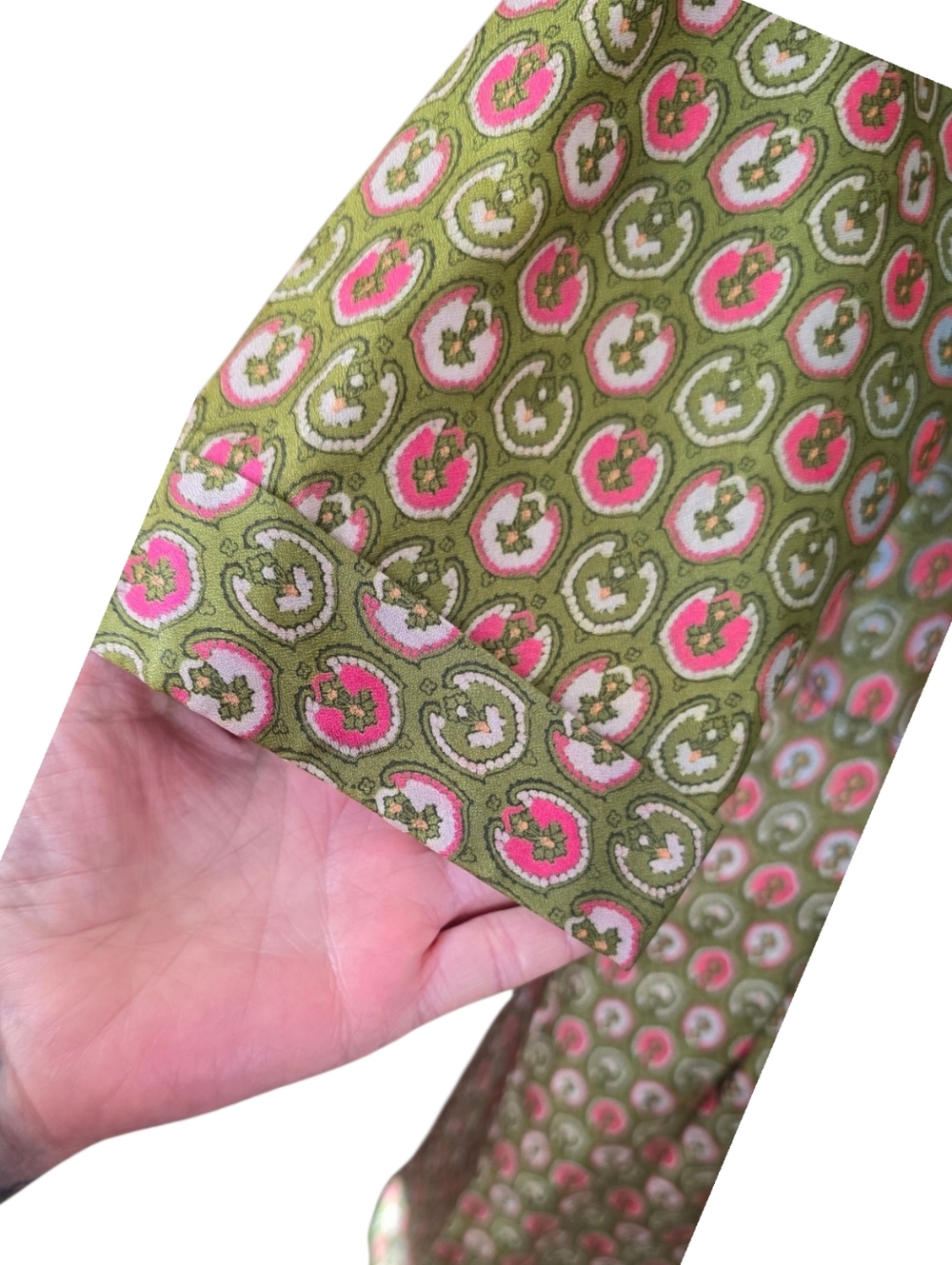 Vintage 1950s Korell Printed Day Dress Olive Pink Novelty Print Womens Size XL - Picture 11 of 15